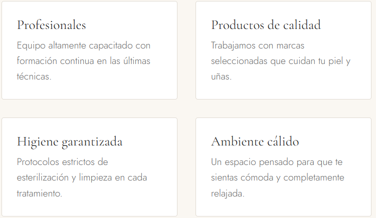 Cuatro tarjetas informativas en español sobre profesionales, productos de calidad, higiene garantizada y ambiente cálido.
