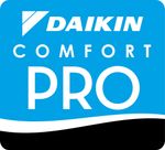 A Daikin Comfort Pro logo featuring white text on a blue background above a black wave shape.