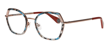 Lunettes à montures à motifs bleus, marrons et dorés.