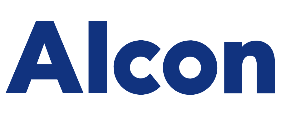 Logo Alcon en bleu sur fond blanc.