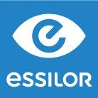 Logo Essilor : œil blanc avec la lettre « e » sur fond bleu.