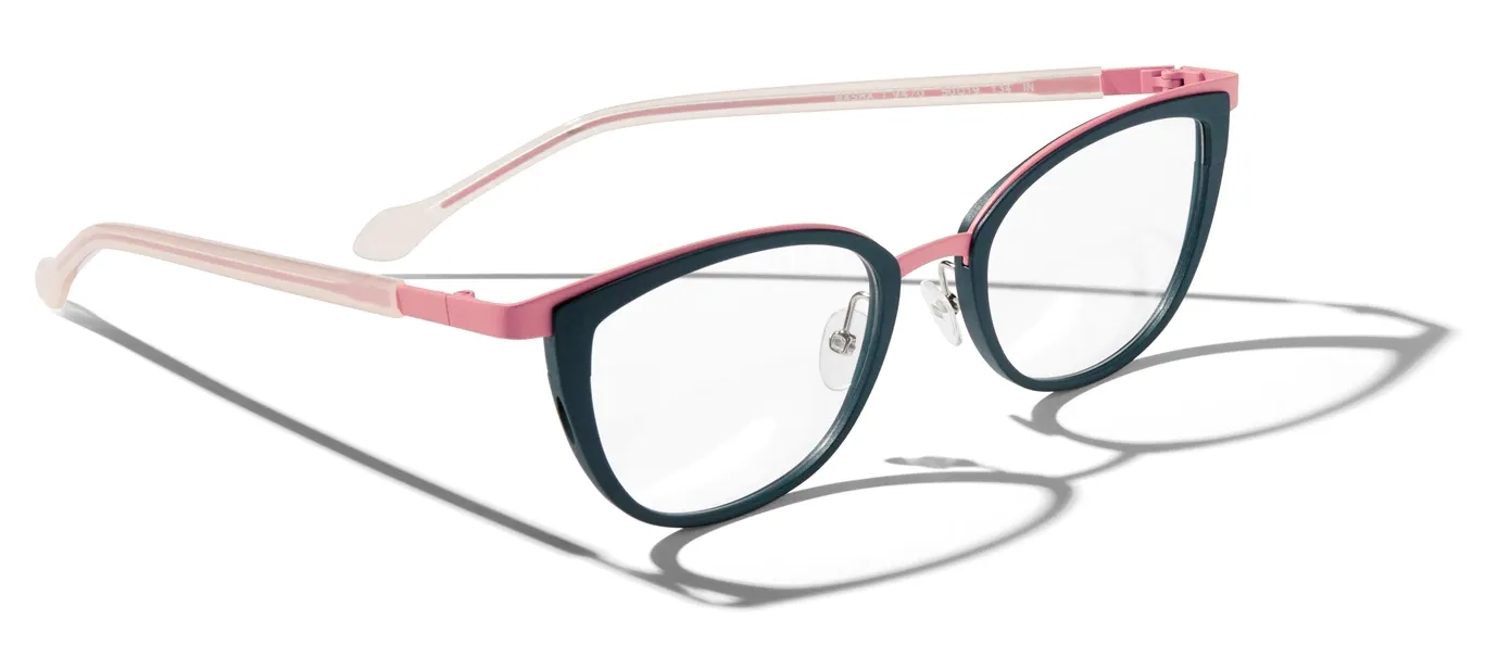 Lunettes œil-de-chat roses et noires, vue oblique sur une surface blanche, projetant une ombre.