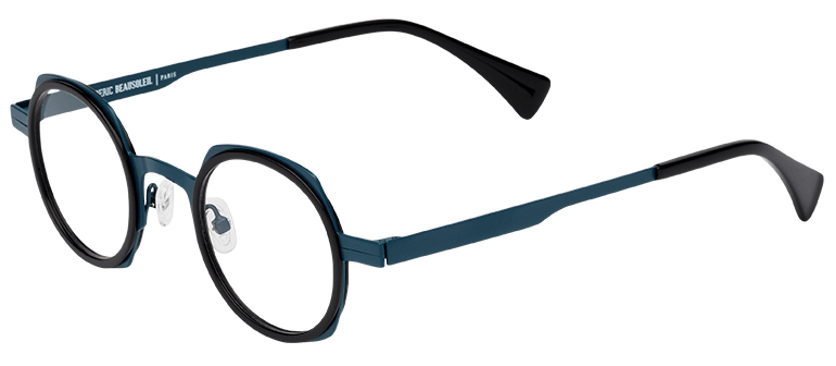 Lunettes turquoise et noires à verres ronds.