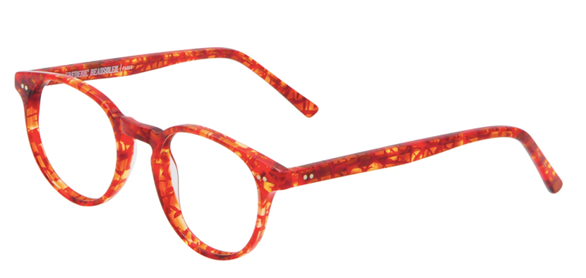 Lunettes à motifs rouges et oranges avec verres ronds.