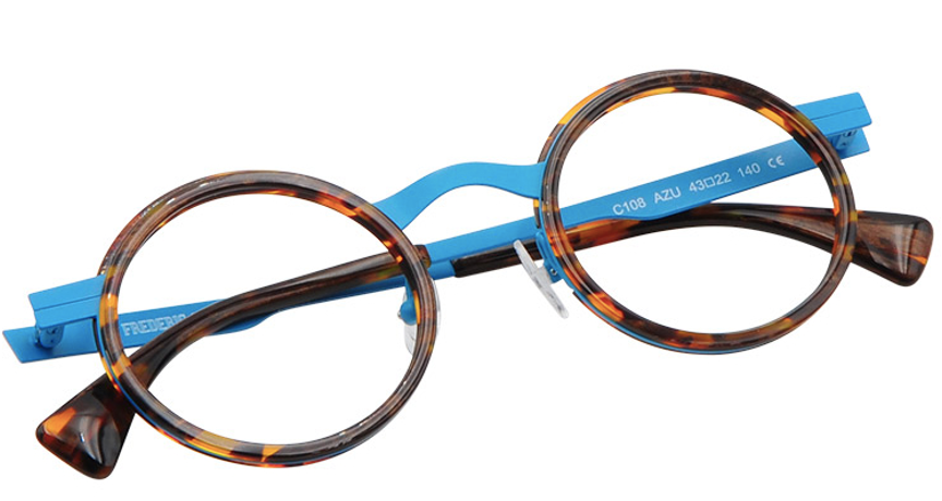 Lunettes rondes, monture écaille de tortue, branches bleues, verres transparents.