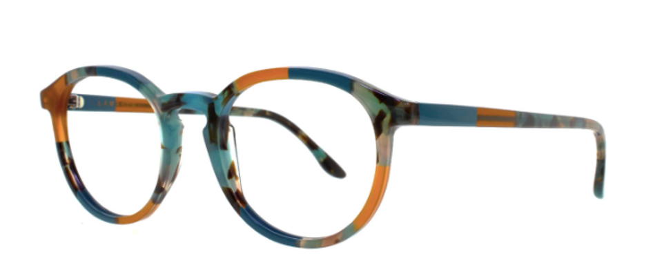 Lunettes à monture ronde avec un motif patchwork coloré.