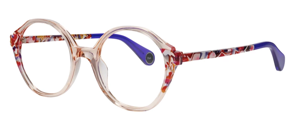 Lunettes avec un motif floral sur les branches et une monture géométrique.