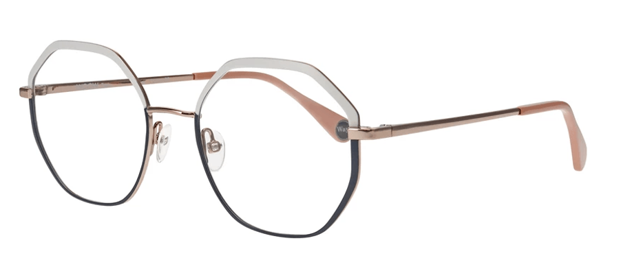 Lunettes hexagonales argentées et noires à monture métallique fine.
