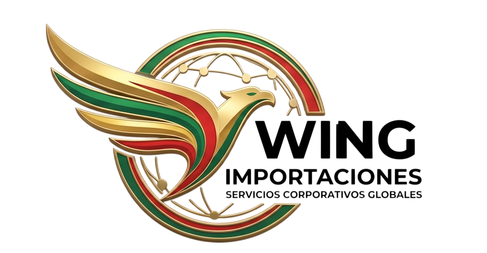 Logotipo de WING IPORTATIONS con un pájaro estilizado en verde, rojo y dorado; texto “Servicios Corporativos Globales”