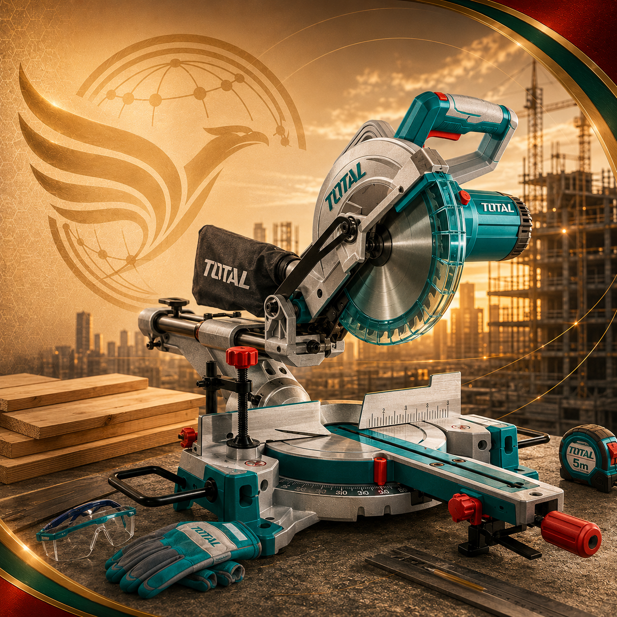 Sierra ingletadora robótica TurboTrack sobre un banco de trabajo con detalles en color turquesa y rojo, en una escena con temática de construcción.