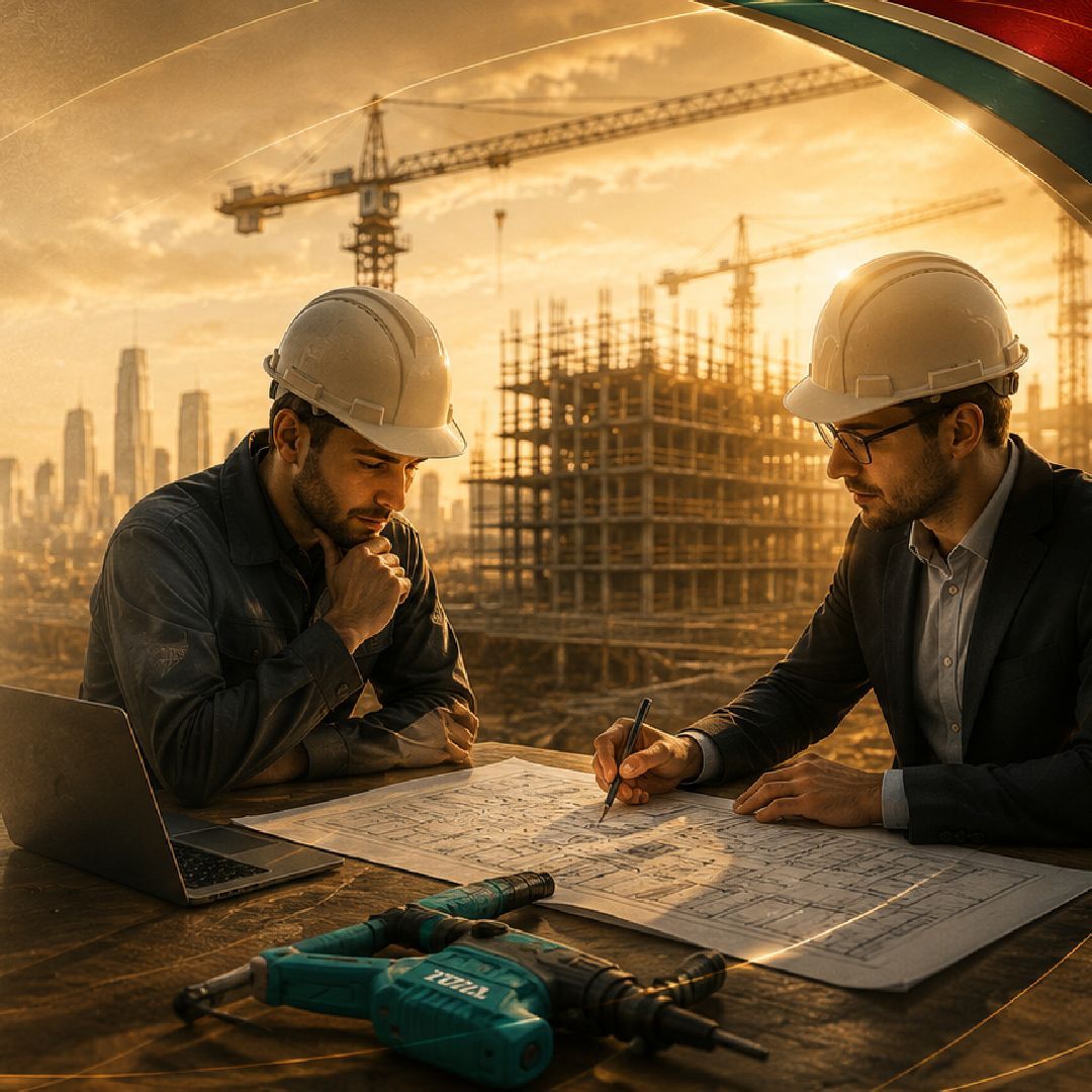 Dos ingenieros con cascos revisan planos en una obra de construcción con grúas y andamios al atardecer.