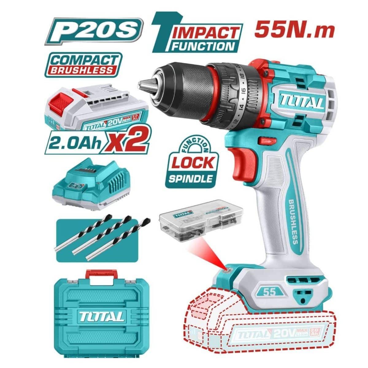 Kit de taladro inalámbrico Total de 20 V, color turquesa y negro, con 2 baterías, cargador, brocas y maletín de transporte, par de torsión de 55 Nm.