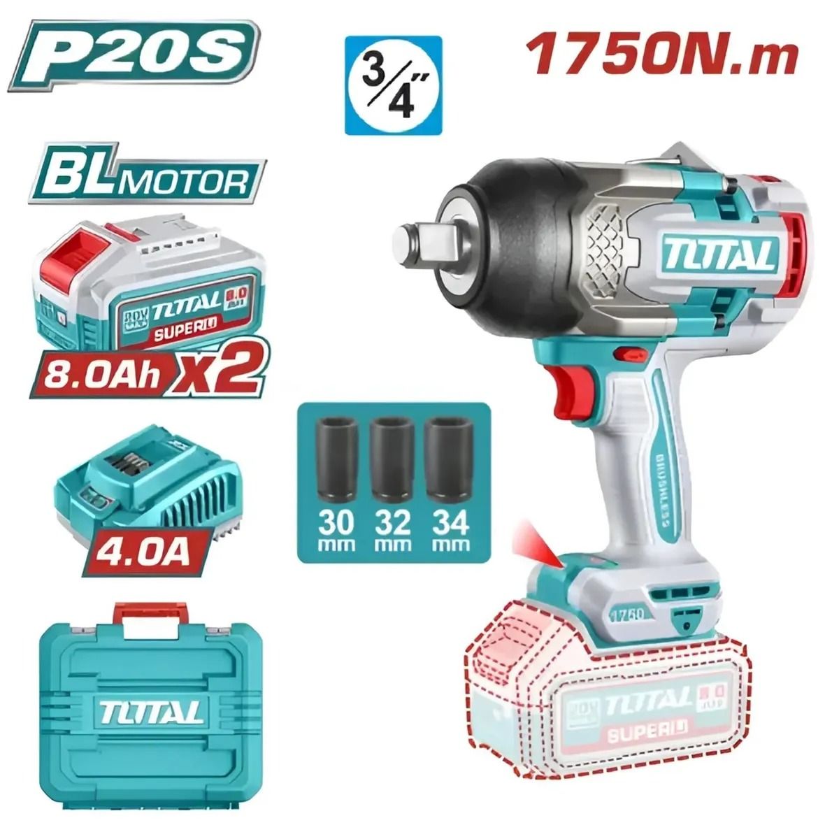 Kit completo de llave de impacto inalámbrica con batería, cargador y vasos; 1750 N·m, accionamiento de 3/4 de pulgada en color verde azulado y negro.