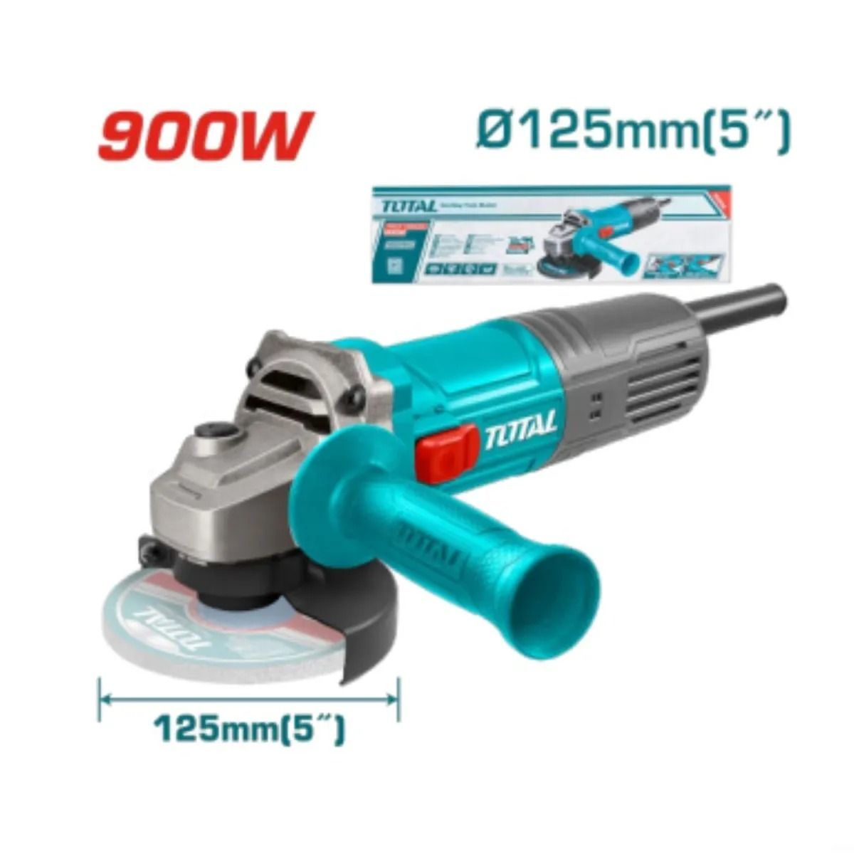 Amoladora angular Teal TTM, 900 W, disco de 125 mm, con empuñadura lateral y embalaje sobre fondo blanco.