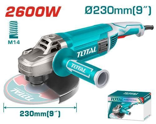 Amoladora angular turquesa de 2600 W con disco de 230 mm y husillo M14, mostrada con caja sobre fondo blanco.