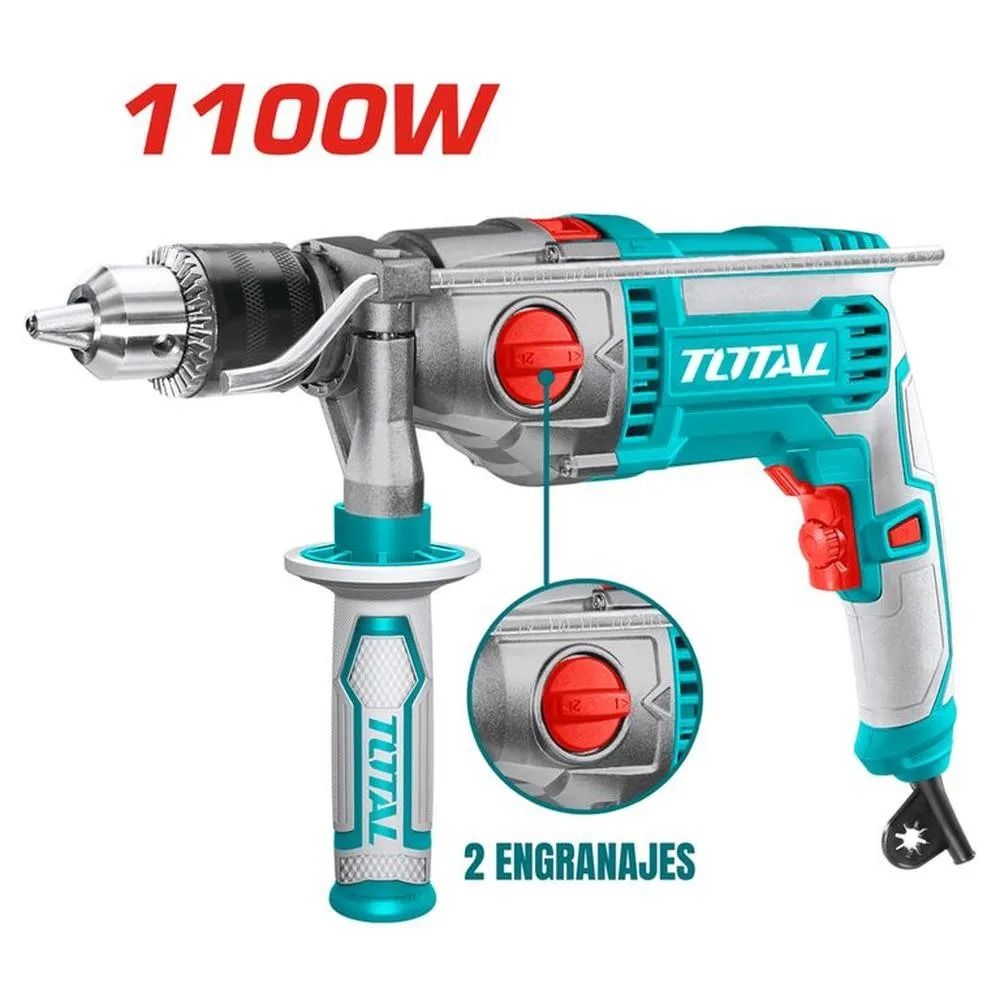 Taladro eléctrico Blue Total, 1100 W, con empuñadura auxiliar y función de dos velocidades (ver imagen).