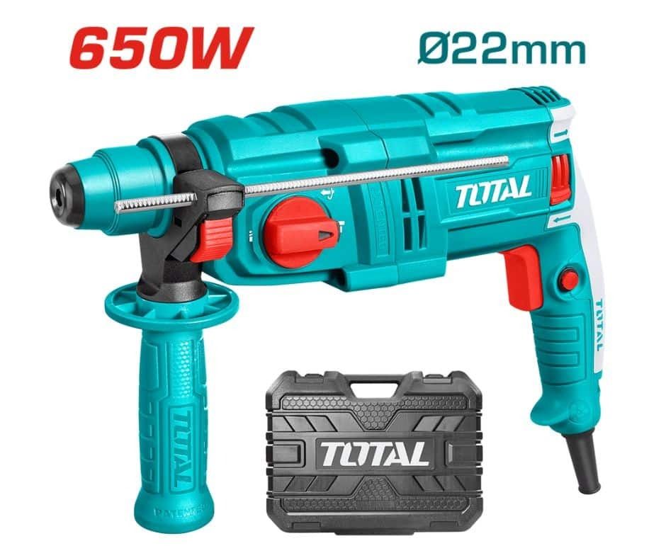 Taladro percutor rotativo Turquoise Total de 650 W con empuñadura lateral y maletín de transporte.