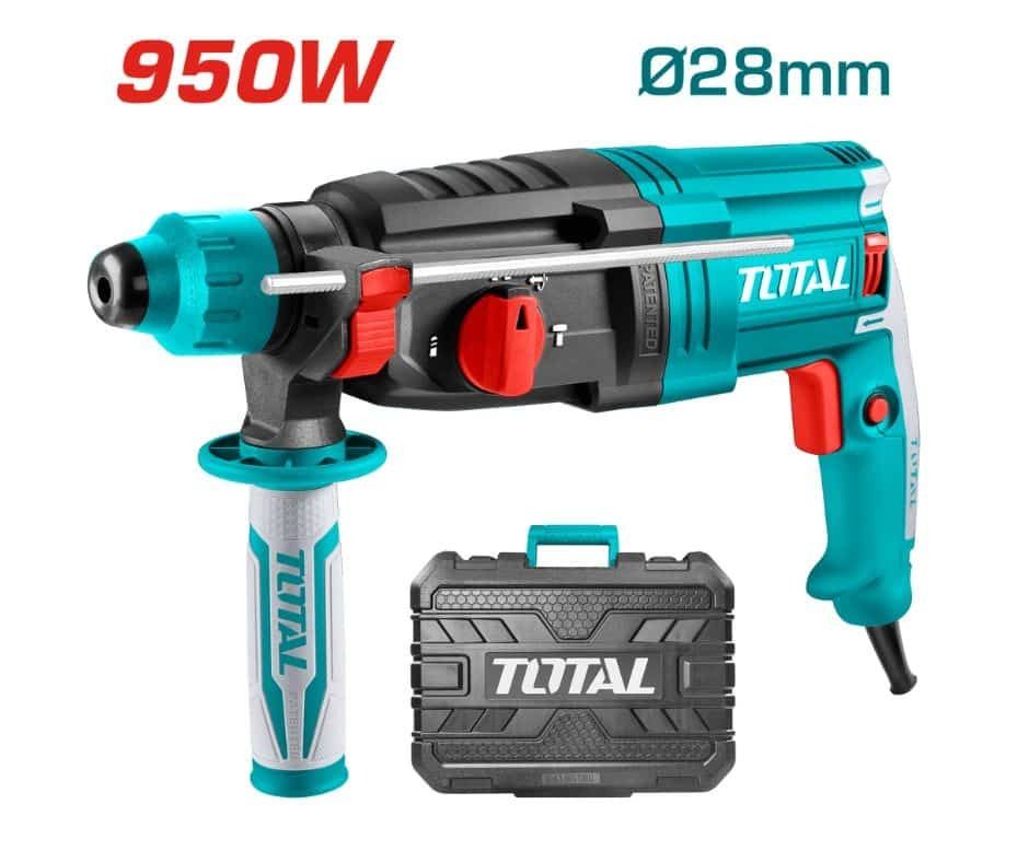 Taladro percutor rotativo Total de 950 W en color verde azulado y negro con empuñadura lateral, etiqueta de 28 mm y maletín de transporte.