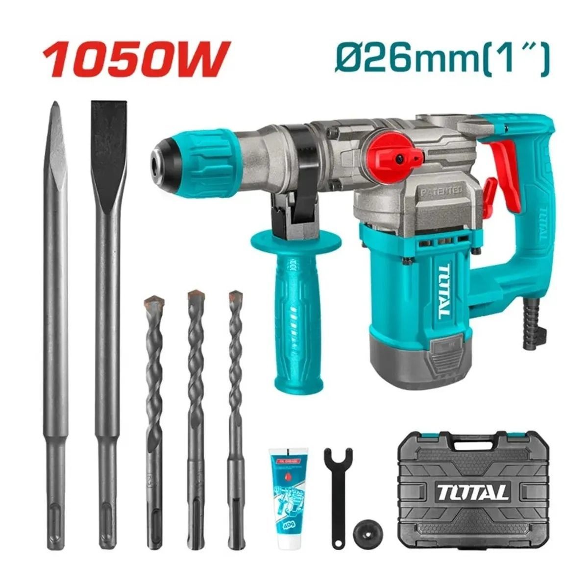 Kit de taladro percutor rotativo TOTAL de 1050 W color turquesa con brocas, cinceles y estuche sobre fondo blanco.