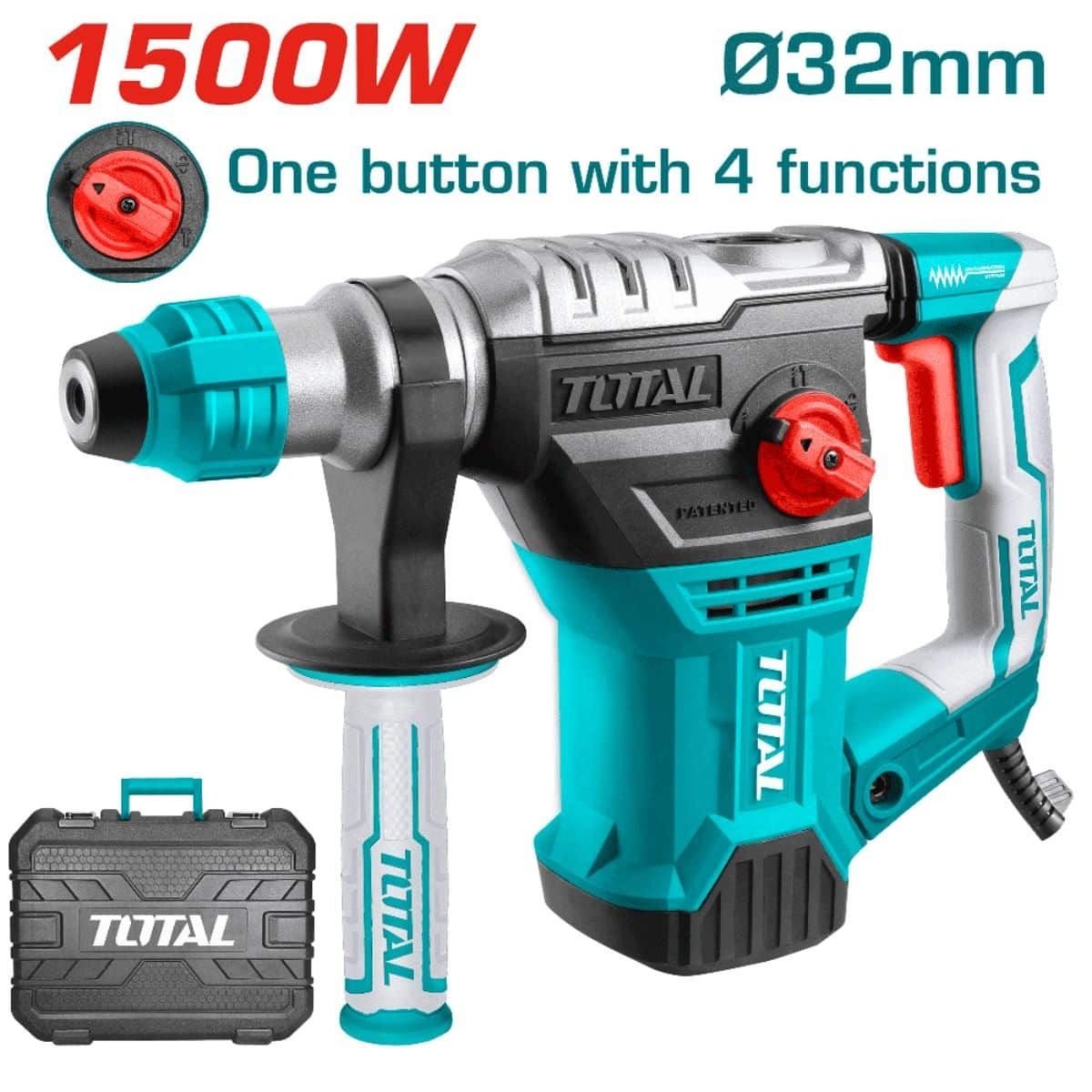 Taladro percutor rotativo turquesa y negro de 1500 W con empuñadura lateral y maletín, etiquetado como 32 mm y 4 funciones.