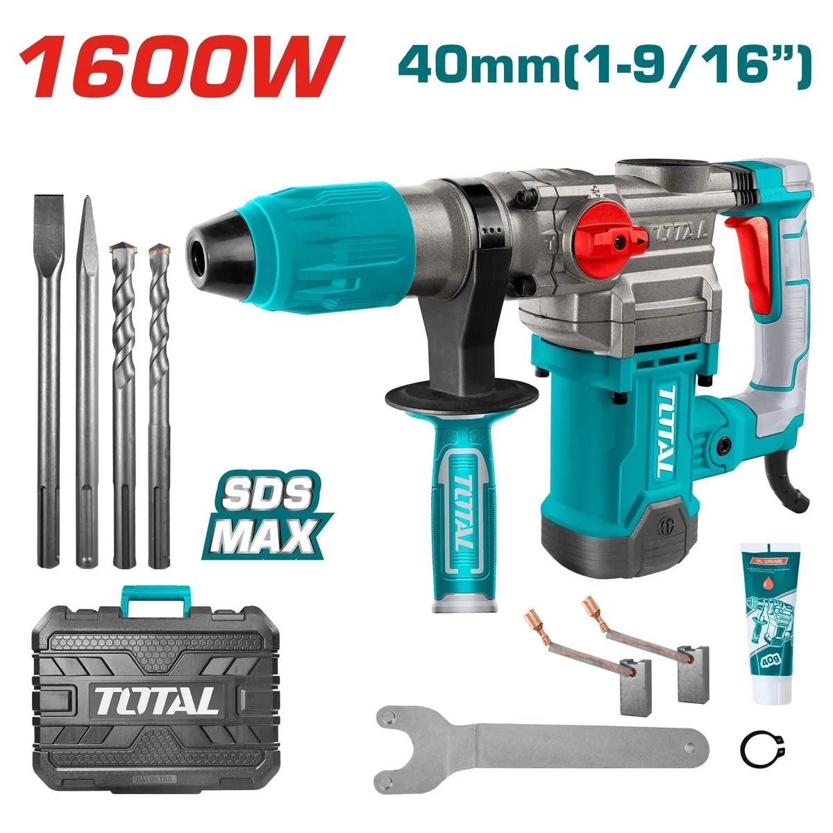 Kit de taladro percutor rotativo SDS Max de 1600 W color turquesa con brocas, estuche, llave y accesorios.
