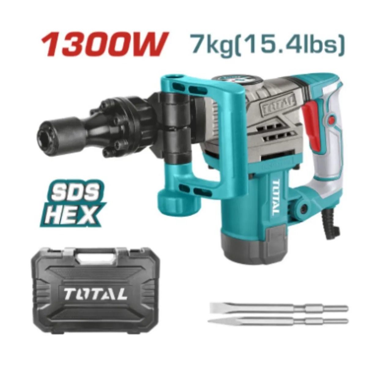Kit de taladro percutor rotativo hexagonal SDS de 1300 W en color verde azulado y gris, con estuche y brocas.