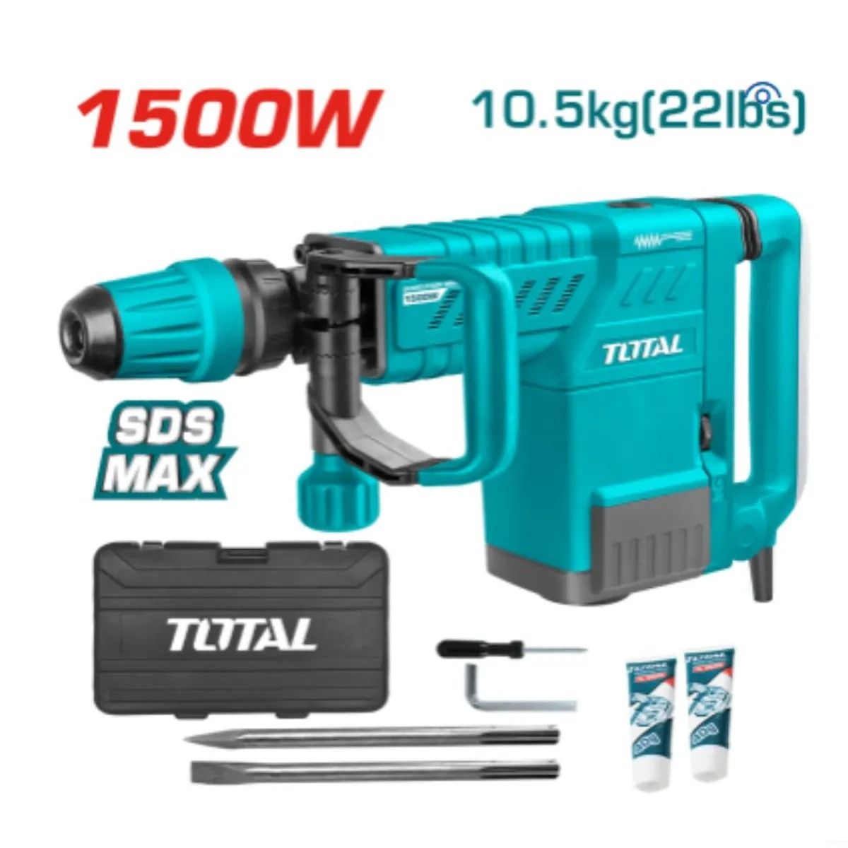 Martillo demoledor TOTAL 1500W SDS Max color turquesa con estuche, brocas y accesorios sobre fondo blanco.