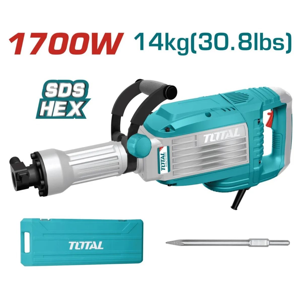 Martillo demoledor hexagonal SDS color turquesa de 1700 W con estuche y cincel, etiquetado como 14 kg (30,8 lbs).