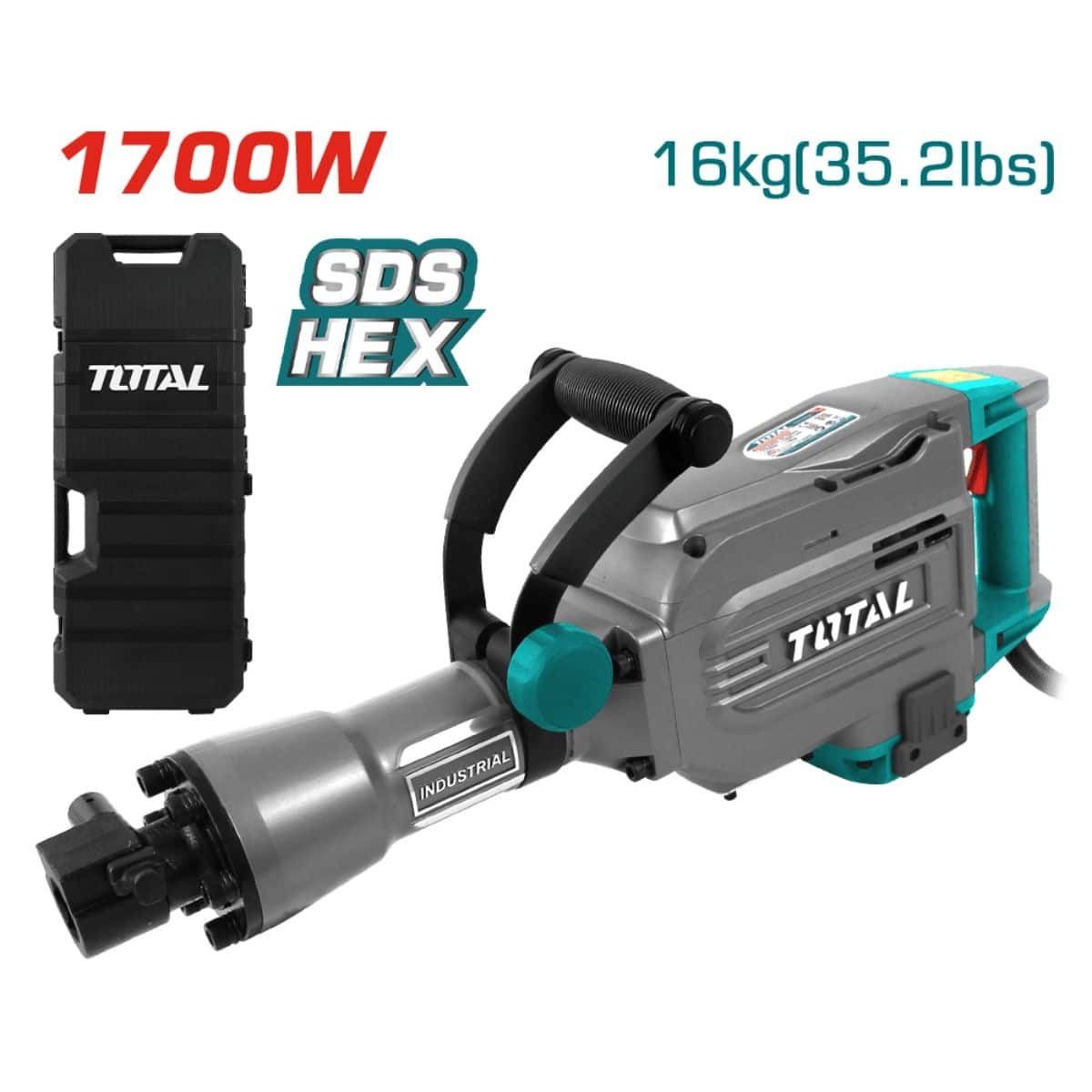 Martillo demoledor hexagonal TOTAL SDS de color gris con mango negro y detalles en color verde azulado, con una potencia de 1700 W y un peso de 16 kg.