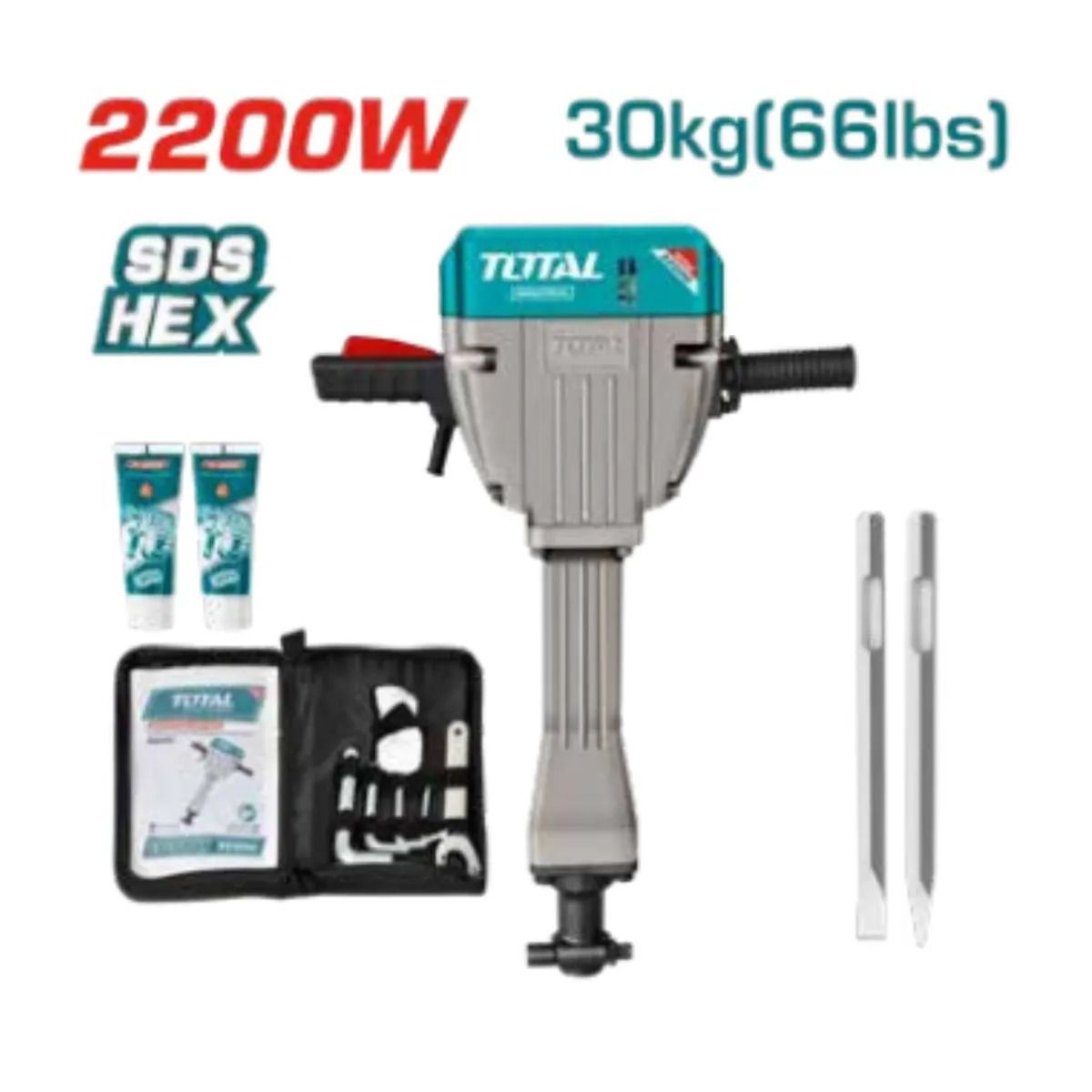 Kit de martillo demoledor hexagonal SDS de 2200 W, 30 kg, con cinceles y accesorios sobre fondo blanco.