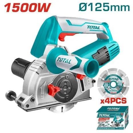 Sierra circular Total de 1500 W en color verde azulado y plateado con hoja de 125 mm, se muestra con paquete de accesorios y etiqueta de 4 piezas.