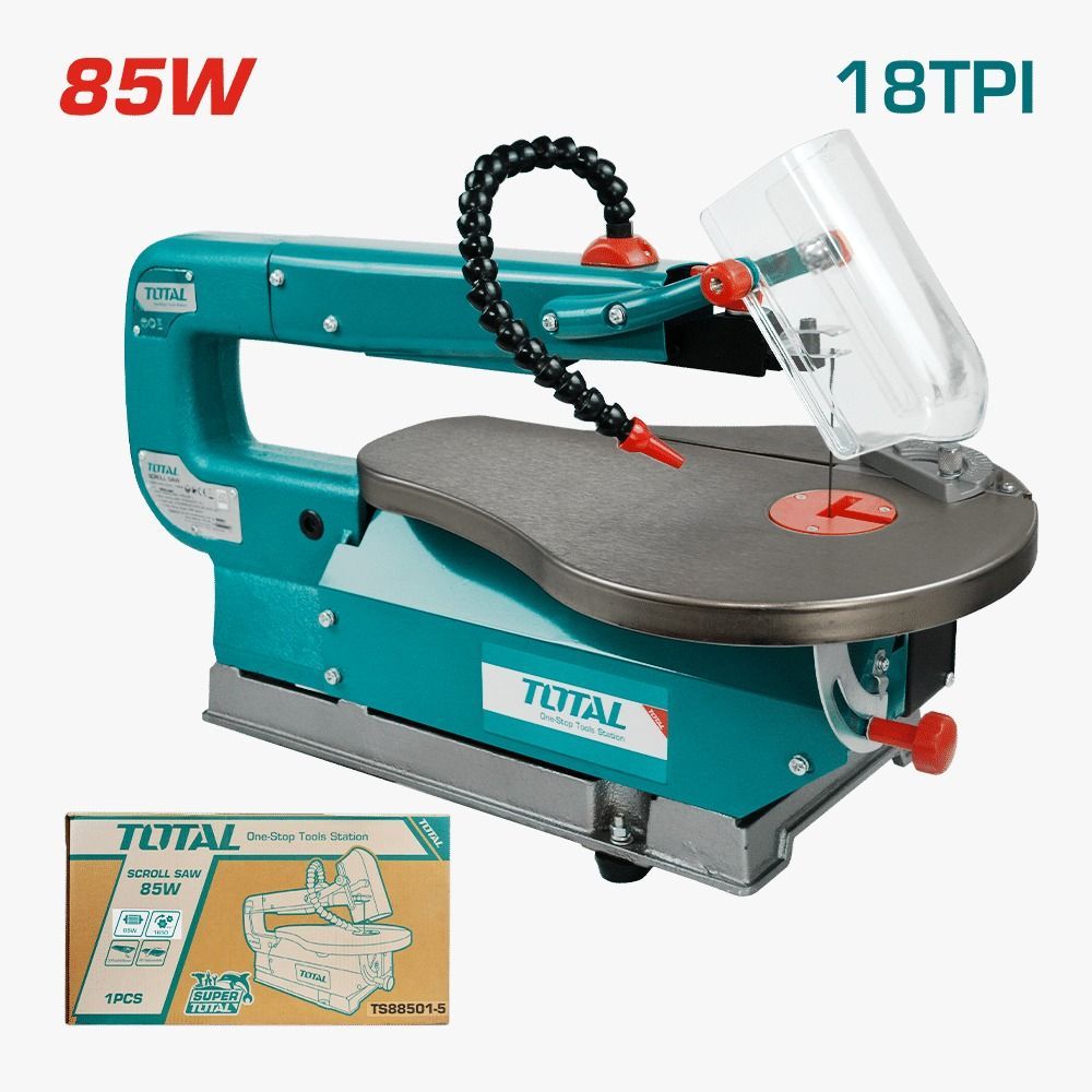 Sierra de calar Teal de 85 W con protector de hoja transparente, eje flexible negro y caja del producto sobre fondo blanco.