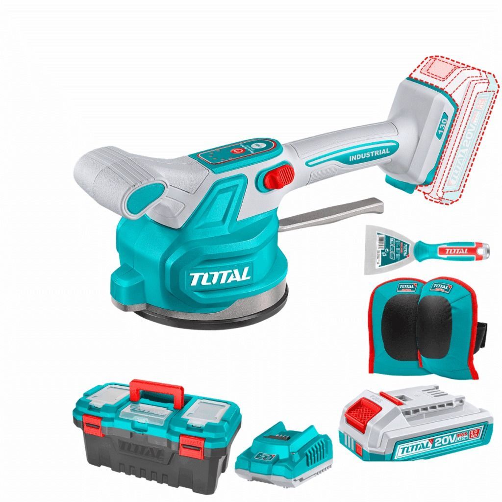 Kit de lijadora inalámbrica Turquoise TOTAL con batería, cargador, bolsa para polvo y maletín de transporte.
