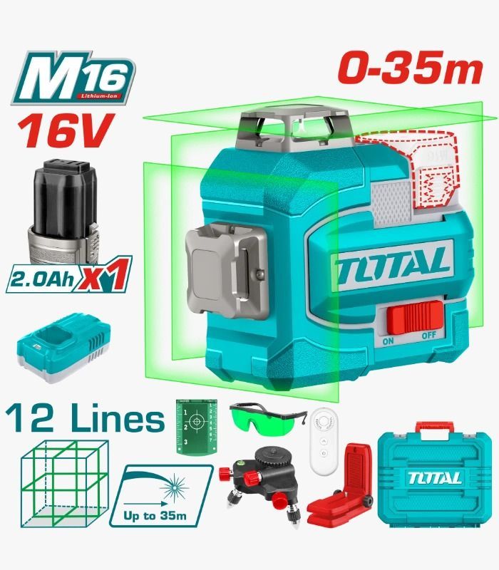 Kit de nivel láser verde TOTAL M16 de 16 V con 12 líneas y rango de 0 a 35 m, incluye batería y accesorios.