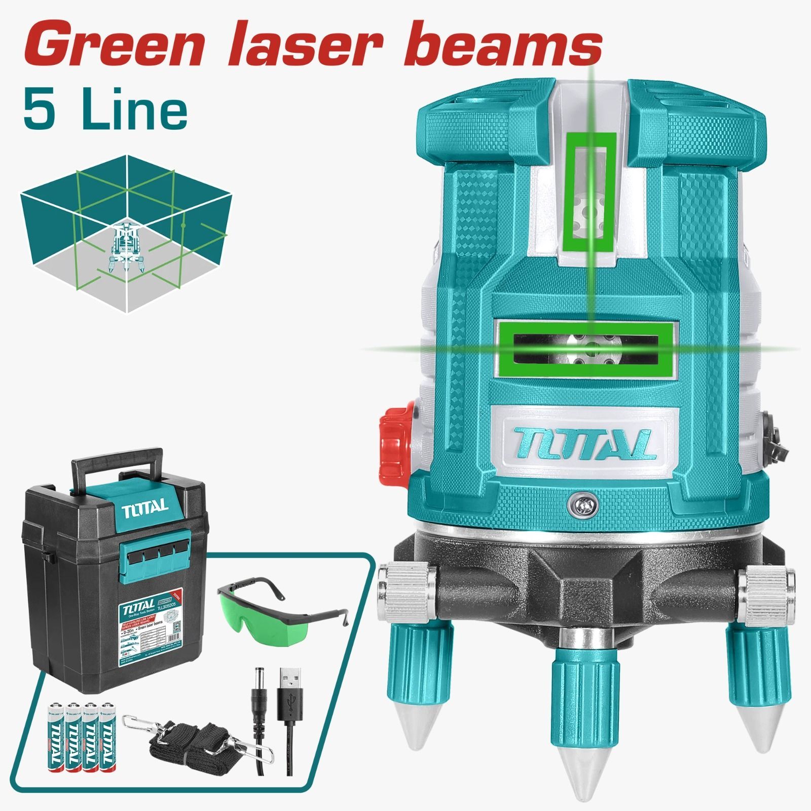 Se muestra un nivel láser verde completo con 5 líneas láser, cargador, batería y estuche de transporte.