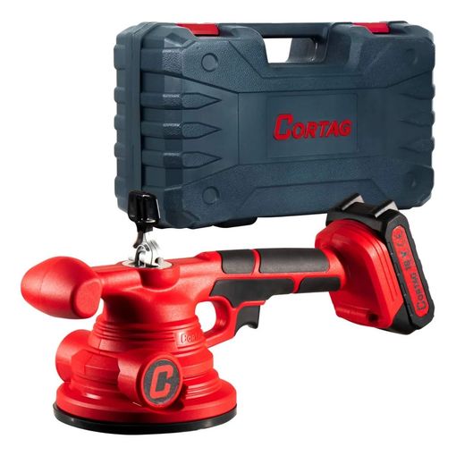 Pulverizador eléctrico inalámbrico rojo con asa y batería, que se muestra con un estuche de transporte negro.