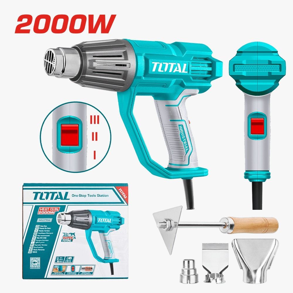 Juego de pistola de calor Total de 2000 W con herramienta, boquillas, accesorios y embalaje en color turquesa y gris sobre fondo blanco.