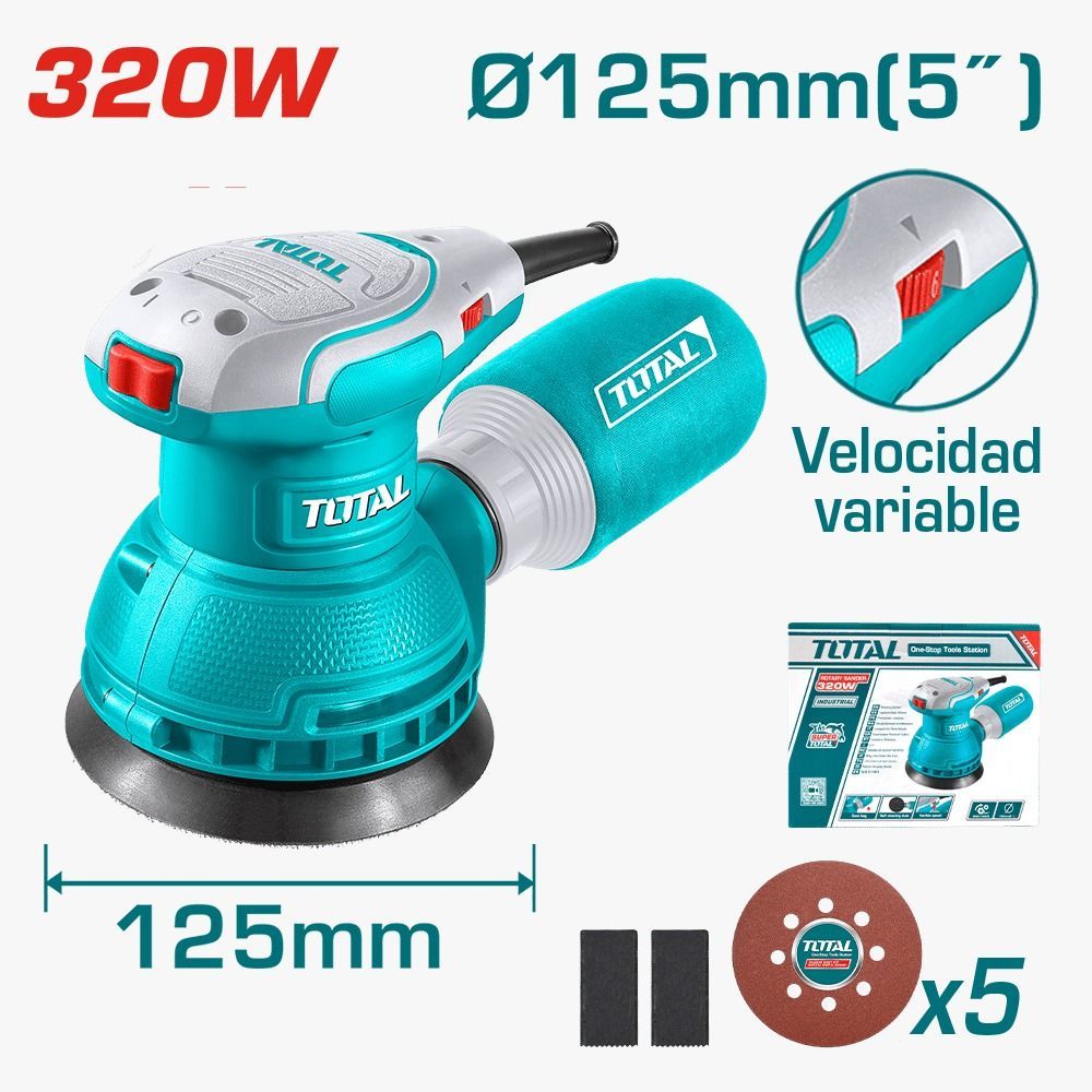 Lijadora orbital de 320 W, color verde azulado y blanco, de 125 mm, con velocidad variable y discos de lijado (como se muestra en la imagen).