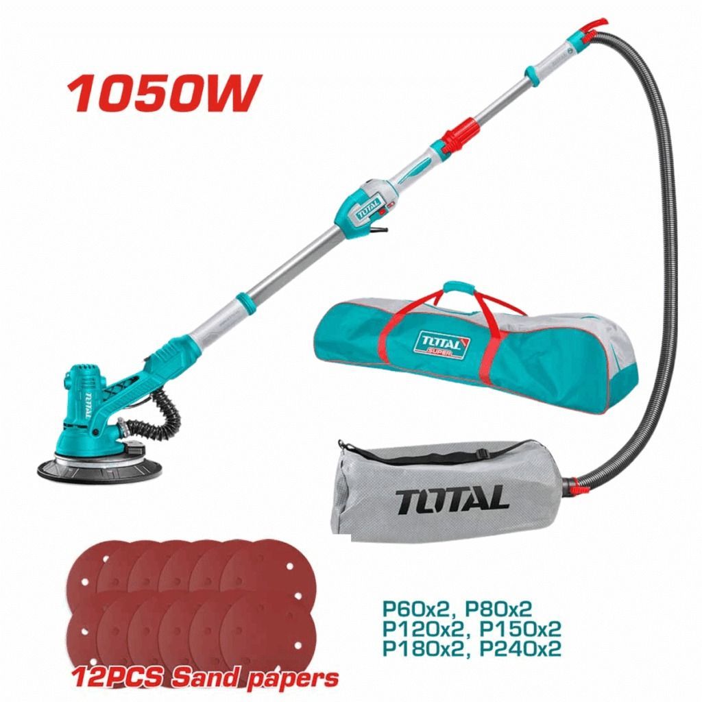 Lijadora eléctrica para paneles de yeso color turquesa de 1050 W con manguera, bolsas para polvo y juego de discos de lijado.