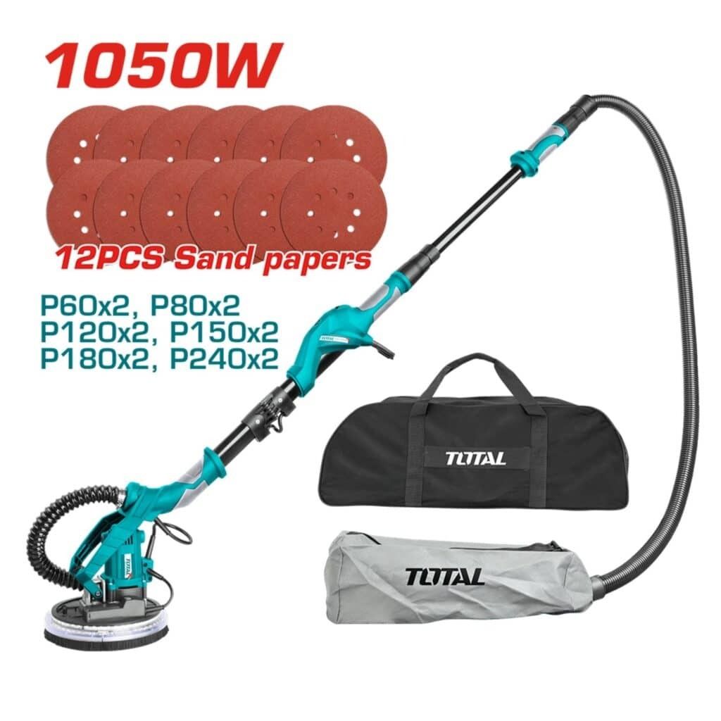 Kit de lijadora de paneles de yeso de 1050 W con discos de lijado, manguera y bolsas de transporte sobre fondo blanco.