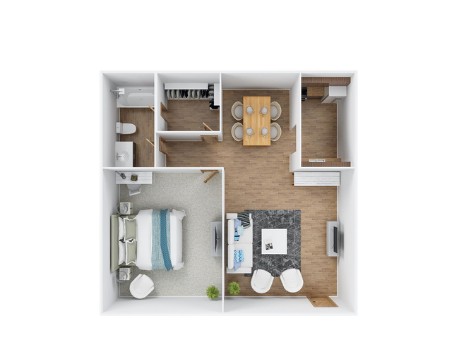 A 3d floor plan of a small apartment with a bedroom , living room , dining room , and bathroom.