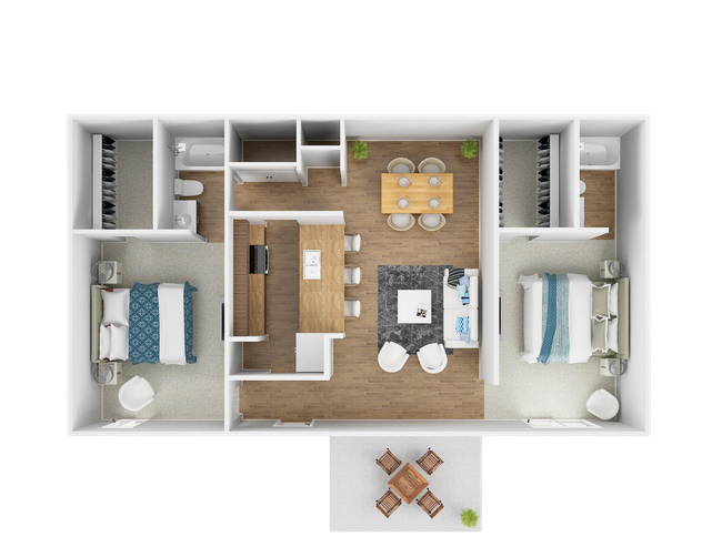 A 3d floor plan of a house with two bedrooms and a dining room.