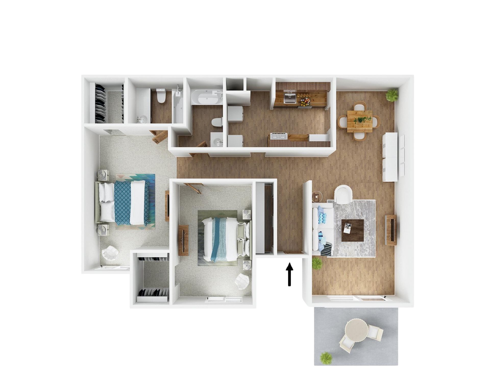 A 3d floor plan of a house with two bedrooms and a dining room.