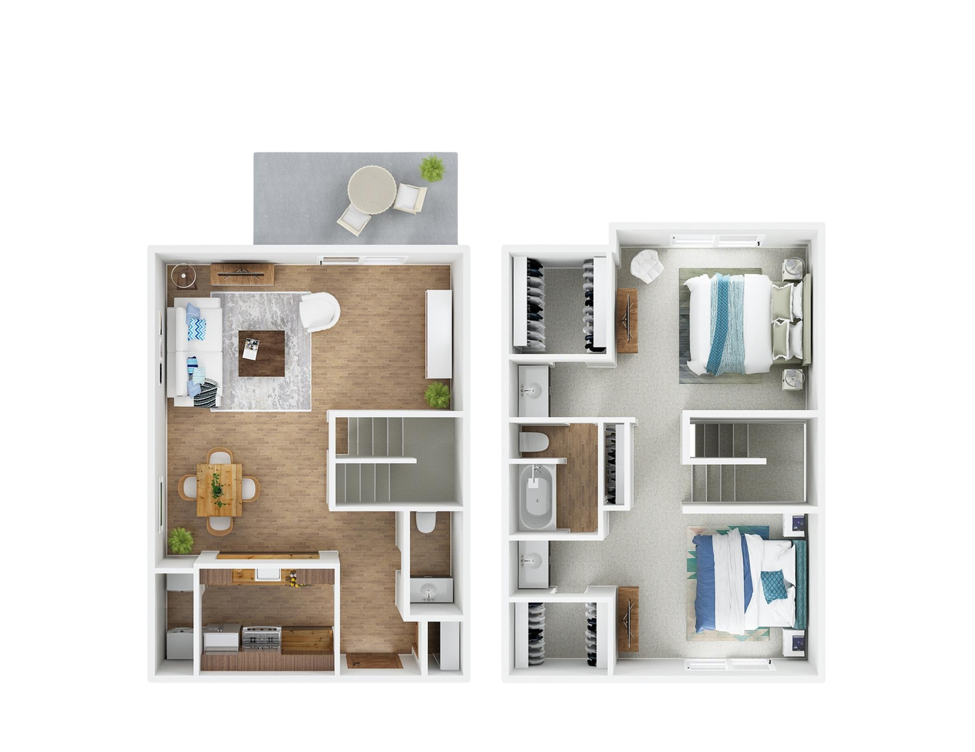 A 3d floor plan of a house with two bedrooms and a balcony.
