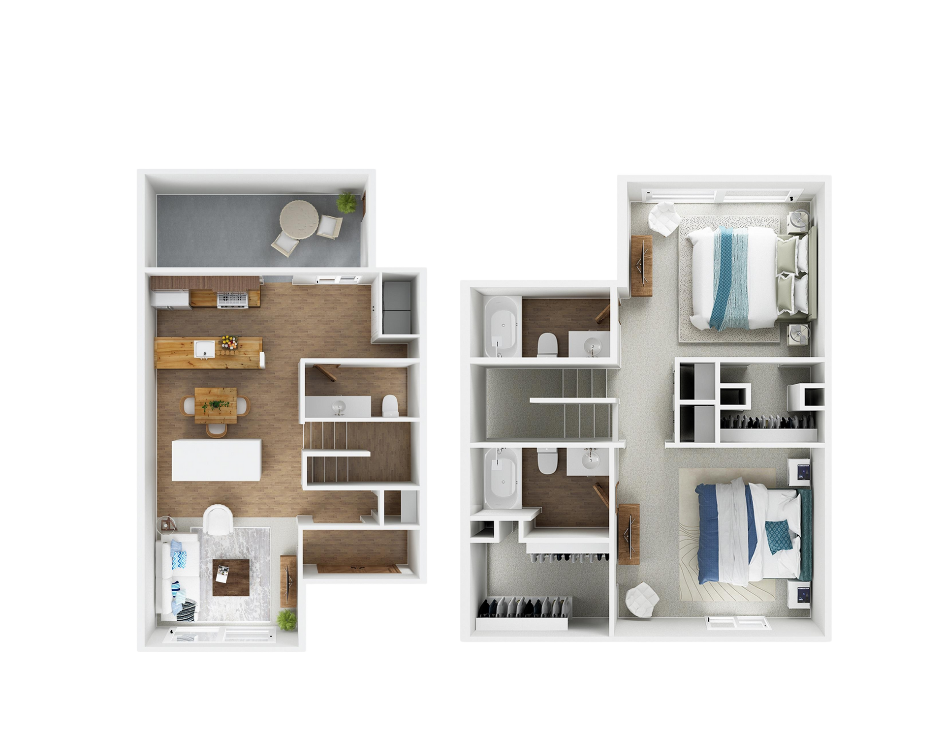 A 3d floor plan of a house with two bedrooms and a balcony.