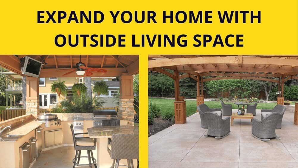 Two examples of outdoor living spaces with pergolas, tables, and chairs and the text 'expand your home with outside living spaces'