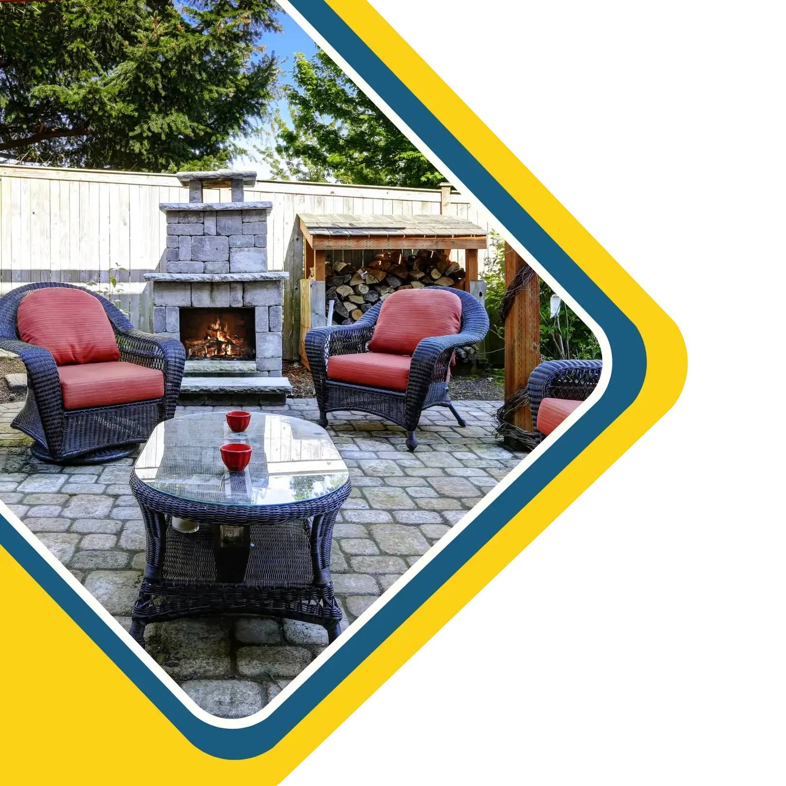 Outdoor patio with stone fireplace