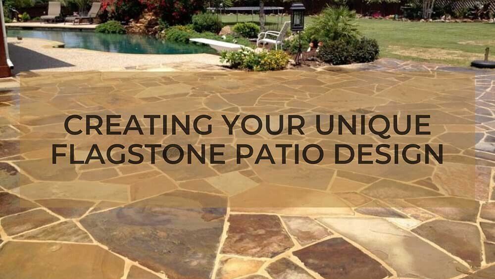 Flagstone patio design with a pool and text that reads