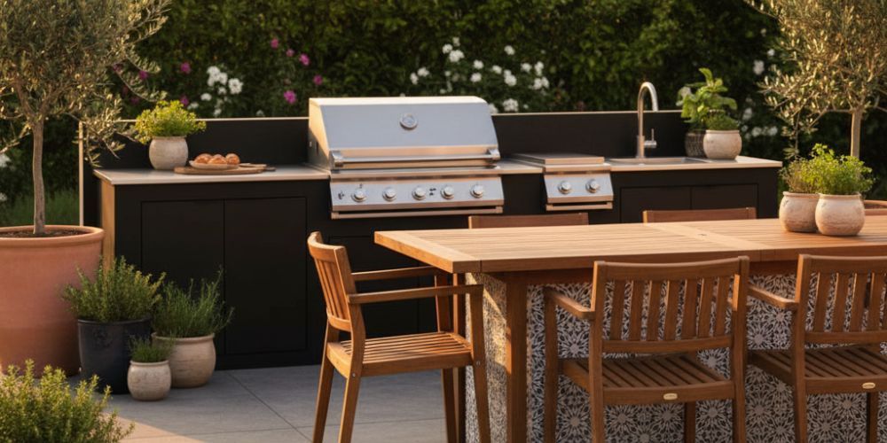 outdoor kitchen idea for patterned tile on the guest side