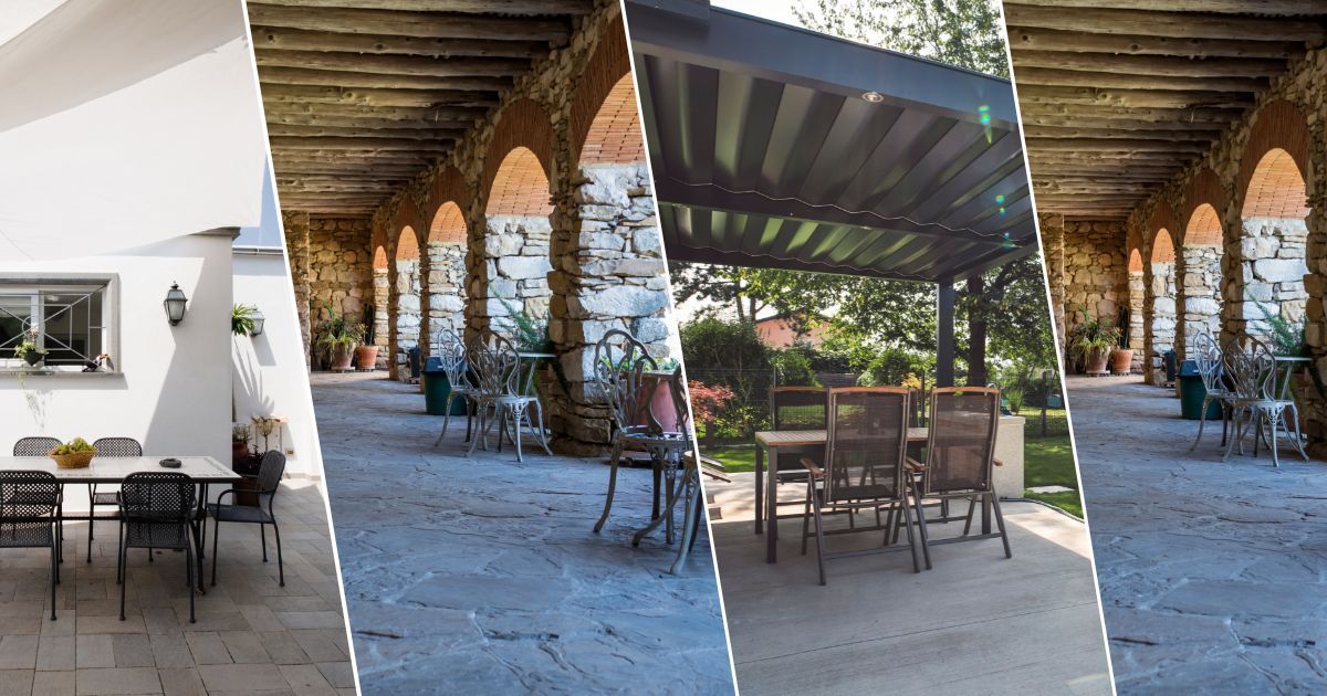 Collage of four images showing different outdoor patios and seating areas